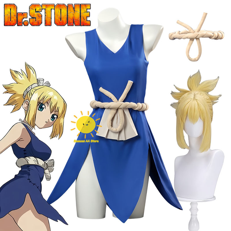 Anime Cosplay Mujer - アニメドクターストーンコスプレコハクコスプレ衣装ドレス腰飾りベルトコハクスーツウィッグアンバーハロウィンカーニバルcos大人女性