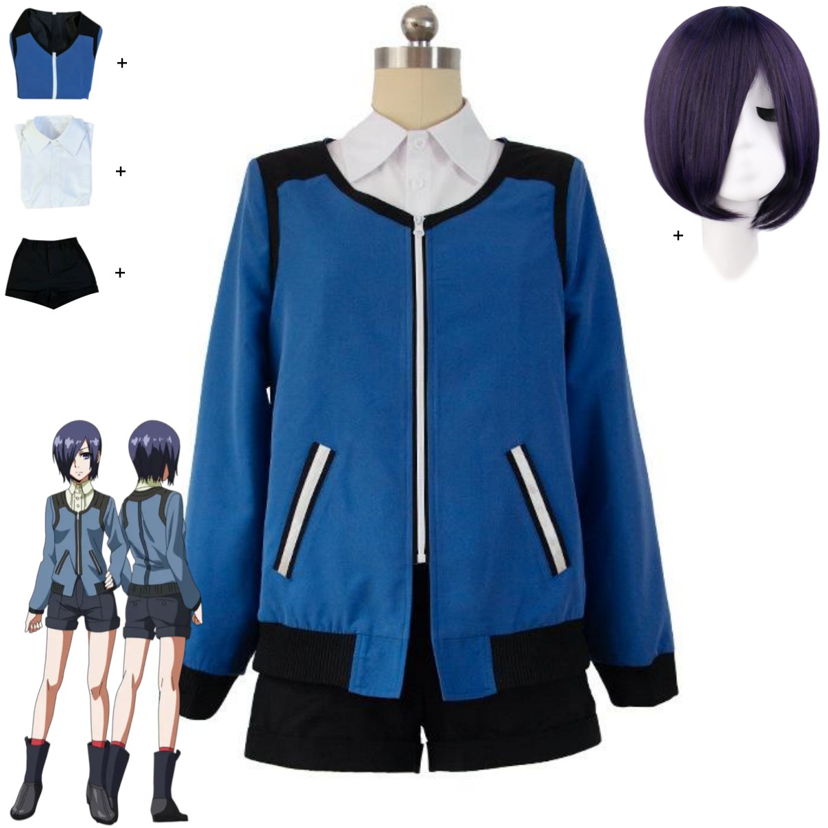 Anime Cosplay Tokyo Ghoul - アニメ東京グール霧島トウカコスプレ衣装ブルー長袖パーカーコートシャツかつら成人男性女性セクシーなカーニバルスーツ