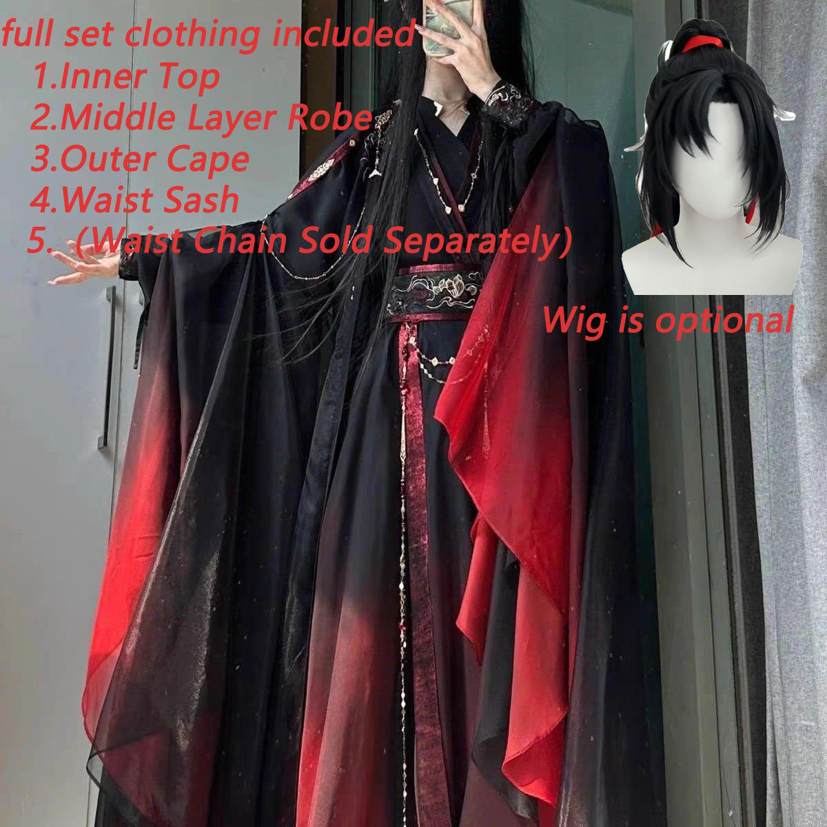 Anime Cosplay Clothes - ユニセックス古代中国仙侠ローブ4点セット、黒赤グラデーション漢服風コスプレ衣装、舞台用東洋戦士衣装