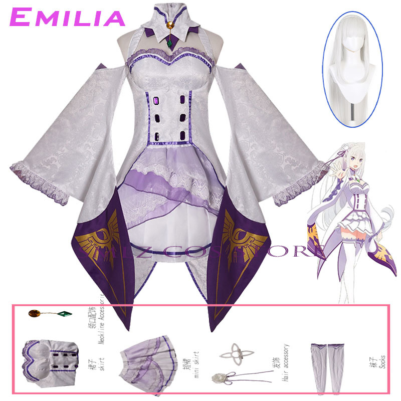 Anime Cosplay Outfits For Women - エミリアコスプレアニメ再ゼロカラハジメル異世界生活衣装白制服ドレスウィッグセットハロウィンパーティー衣装女性用