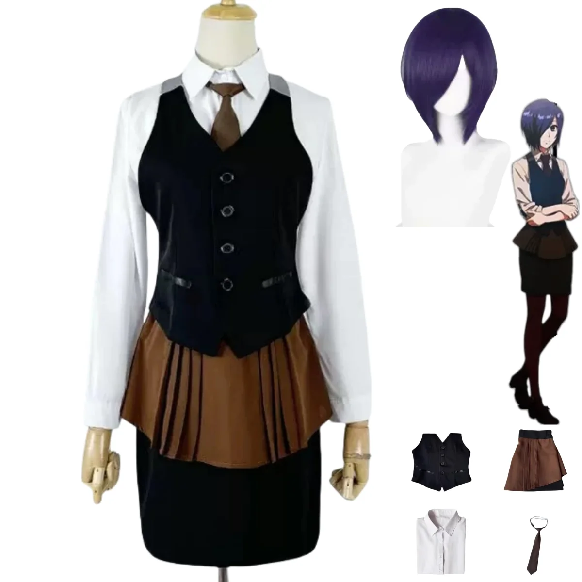 Anime Cosplay Tokyo Ghoul - アニメ『東京喰種トーキョーグール』霧島透コスプレ衣装 作業服 シャツ ベスト スカート ウィッグ