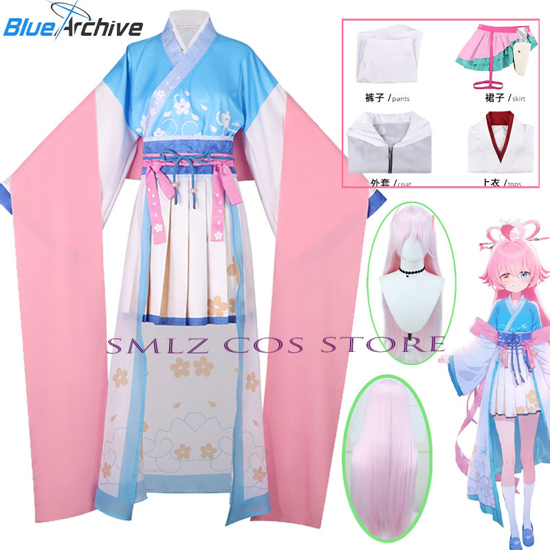 Anime Cosplay Mujer - ゲームブルーアーカイブ星野滝花コスプレ衣装女性ピンクブルードレス漢服ウィッグスーツハロウィンパーティー衣装女性用