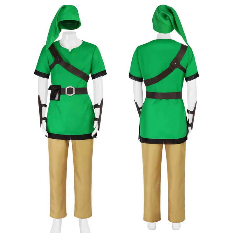 Anime Cosplay Link - COSClassic リンクコスプレ衣装セットグリーンチュニックブラウンパンツベルト帽子ハロウィンアニメエキスポパーティーロールプレイ