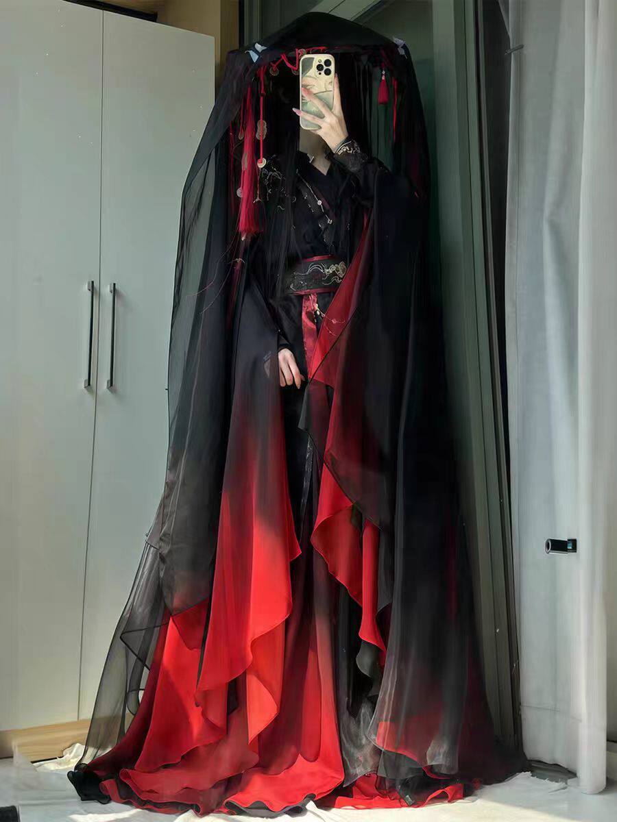 ユニセックス古代中国仙侠ローブ4点セット、黒赤グラデーション - Anime Cosplay Clothes のレビューと価格