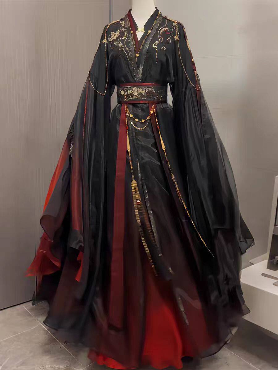 ユニセックス古代中国仙侠ローブ4点セット、黒赤グラデーション - Anime Cosplay Clothes のレビューと価格