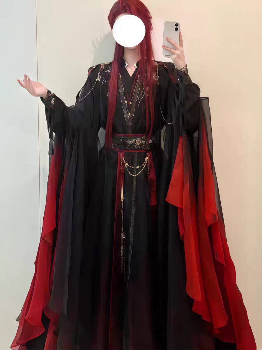 ユニセックス古代中国仙侠ローブ4点セット、黒赤グラデーション - Anime Cosplay Clothes のレビューと価格